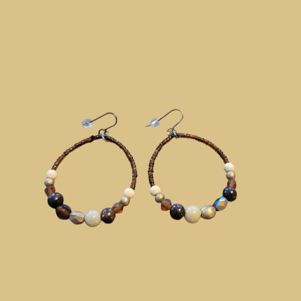 Boho Warm Brown Beaded Hoop Earrings - Picture 1 of 8
